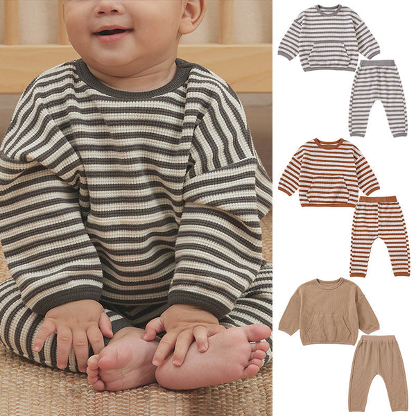 Baby Striped Pattern Or Solid Color Waffle Pocket Hoodie With Pants Sets by MyKids-USA™