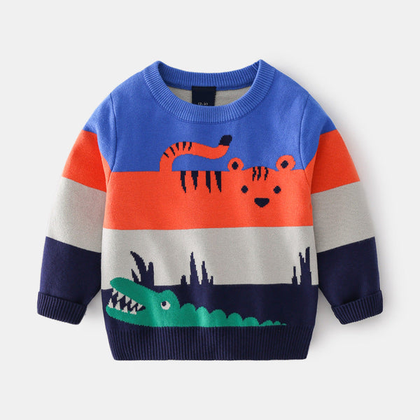 Baby Boy Cartoon Animal Pattern Colorful Striped Design Sweater by MyKids-USA™