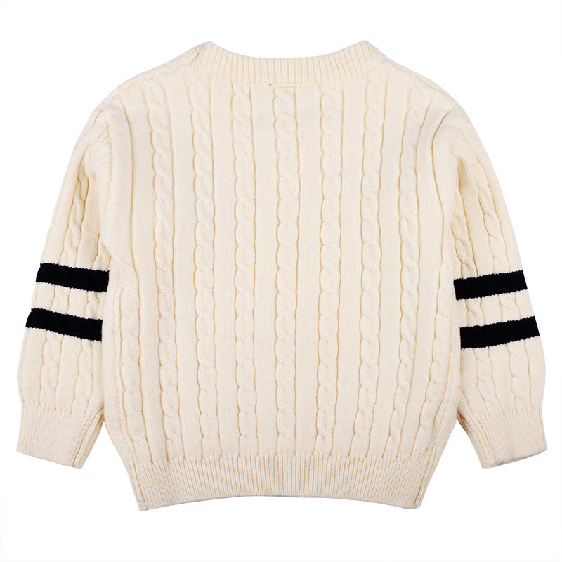 Baby Logo Patch Pattern Side Striped Sleeves Conchet Knit Sweater by MyKids-USA™