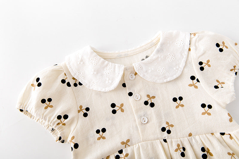 Baby Girls Cherry Print Doll Collar Design Neck Buttoned Puff-Sleeved Dress Onesies by MyKids-USA™