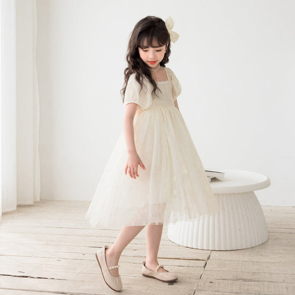 Girl Solid Color Puff Sleeves Mesh Dress by MyKids-USA™