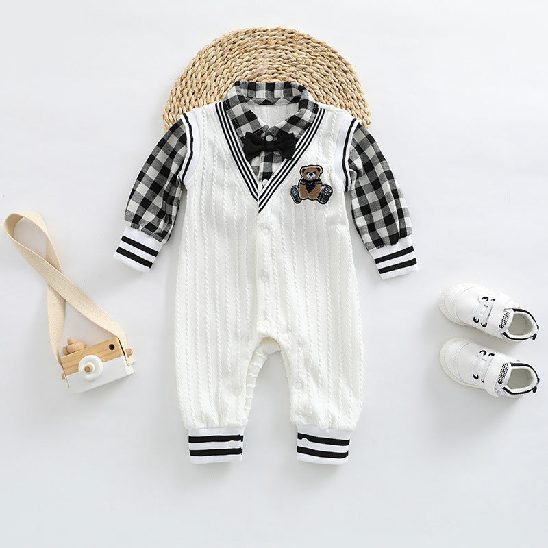 Baby Boy Plaid Patchwork Pattern Bear Embroidered Jumpsuit by MyKids-USA™