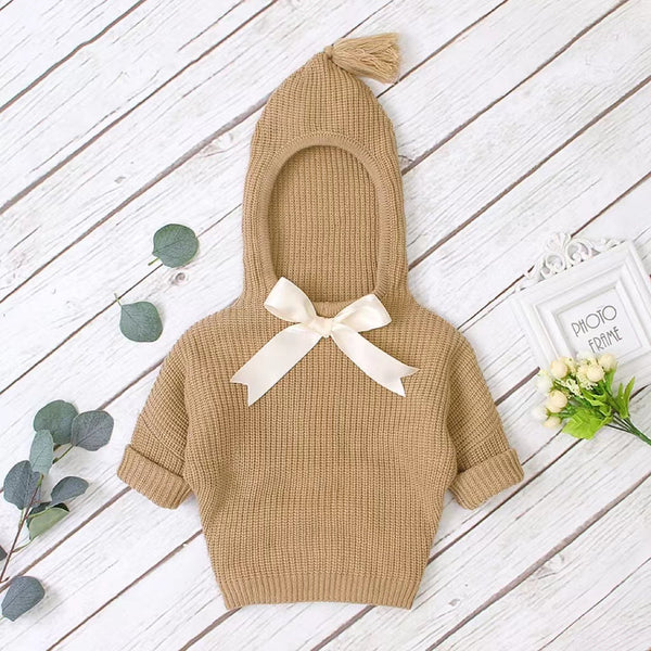 Baby Girl Solid Color Bow Tie Patched Design Simply Style Knitted Hoodies Sweater by MyKids-USA™