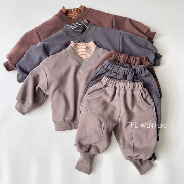Baby Solid Color V-Neck Hoodies Combo Pants Casual Fleece Thickened Sets by MyKids-USA™