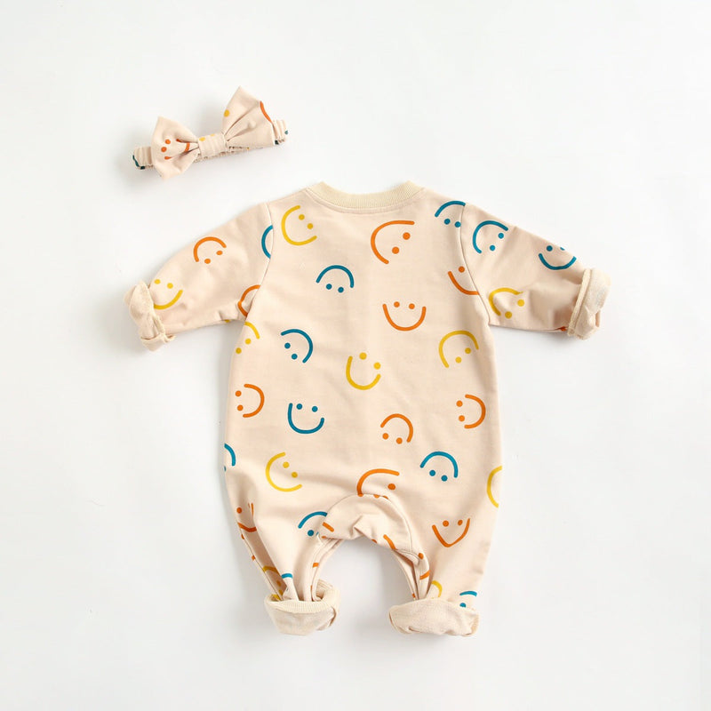 Baby Girl Smiley Print Pattern Single Breasted Design Long-Sleeve Rompers With Covered Buttton by MyKids-USA™