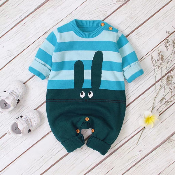 Baby Bunny Embroidery Striped Pattern Contrast Knitted Romper by MyKids-USA™