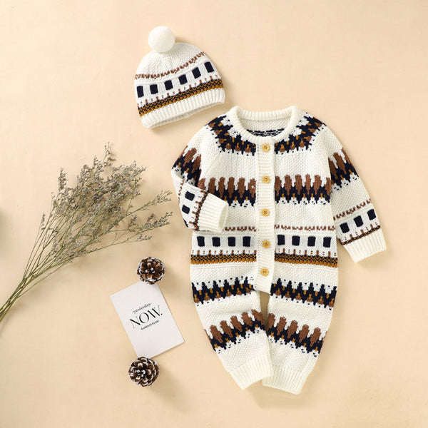 Baby Embroidered Pattern Contrast Design Vintage Style Warm Knitting Romper With Hat by MyKids-USA™