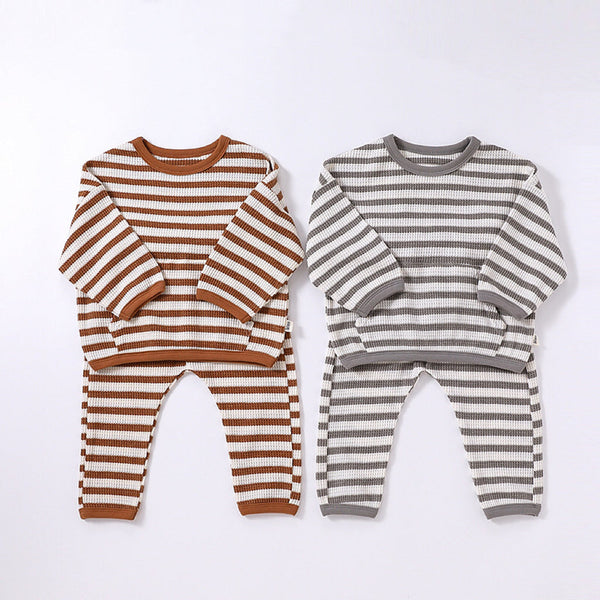 Baby Striped Pattern Or Solid Color Waffle Pocket Hoodie With Pants Sets by MyKids-USA™