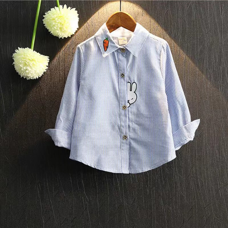 Baby Striped Pattern Cartoon Bunny & Carrot Embroidery Loose Long Sleeves Shirt by MyKids-USA™