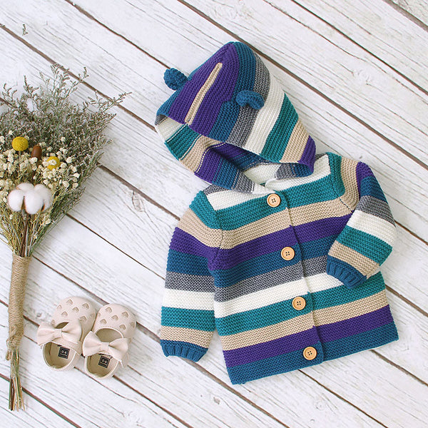 Baby Colorful Striped Pattern Button Front Knitted Cardigan With Hat by MyKids-USA™