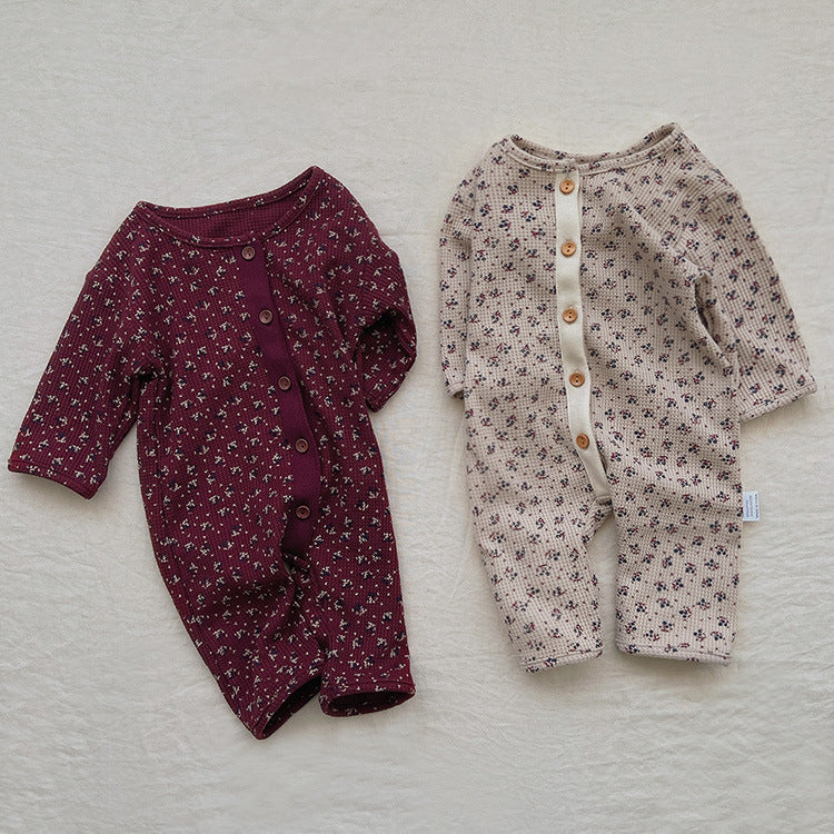 Baby Ditsy Flower Pattern Full Button Design Waffle Knit Rompers by MyKids-USA™