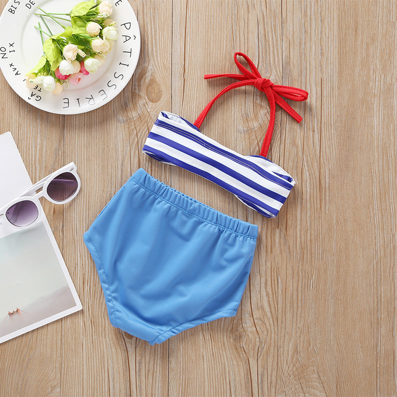 Baby Girl Striped Pattern Bow Tie Design Belted Tops Combo Shorts Swimwear by MyKids-USA™