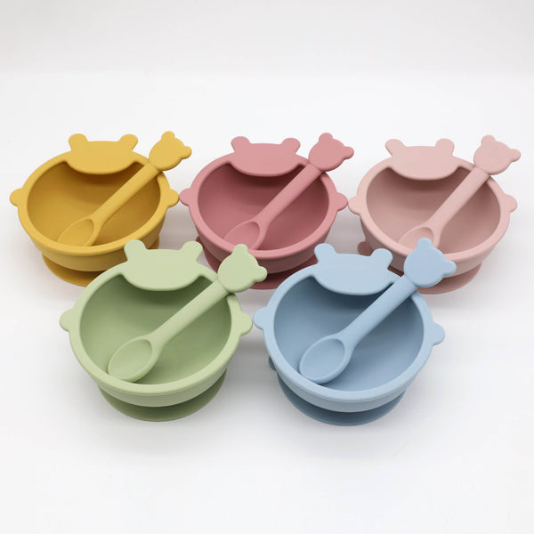 Baby Cartoon Bear Shape Complementary Food Training Silicone Bowl With Spoon Sets by MyKids-USA™