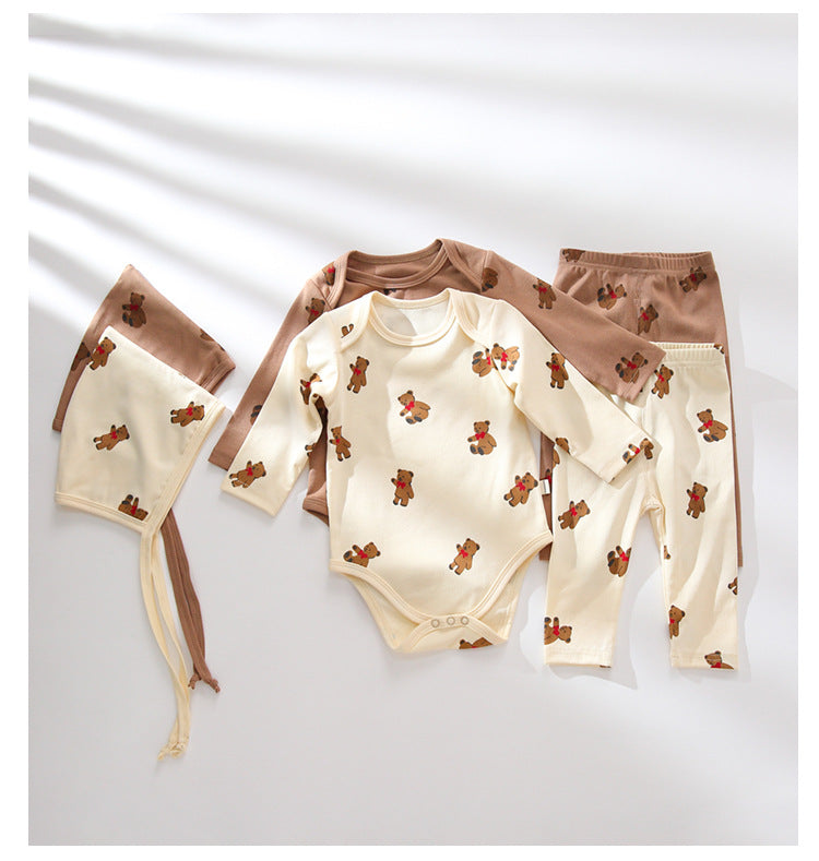 Kids Bear Print Envelope Neck Design Long Sleeved Top Combo Pants Sets With Crotch Hidden Button by MyKids-USA™