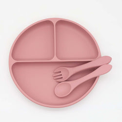 Baby Silicone Round Sucker Compartment Dinner Plate With Spoon Fork Sets by MyKids-USA™