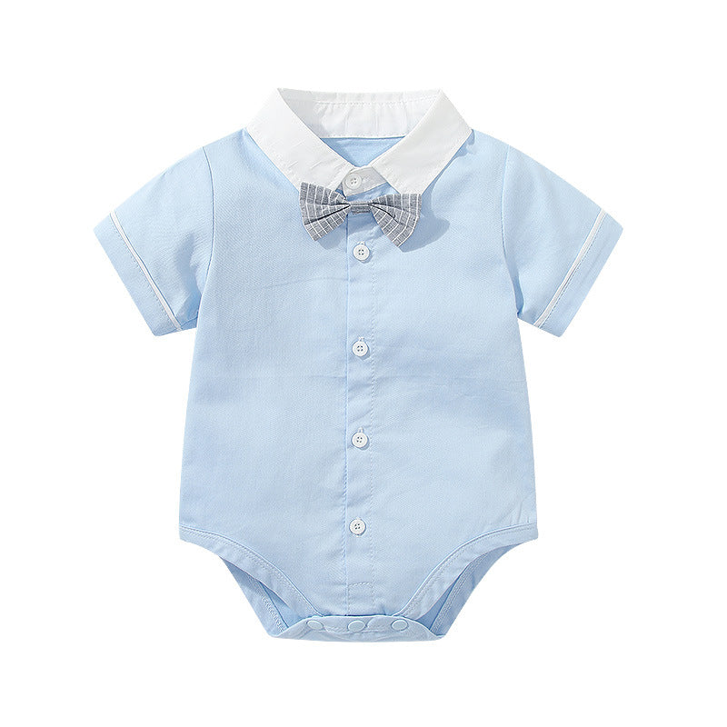Baby Boy Solid Color Single Breasted Design Onesies With Bow Tie Combo Striped Overalls Shorts Sets by MyKids-USA™
