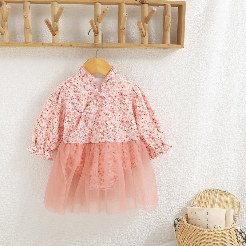 Baby Girl Ditsy Flower Pattern Mesh Overlay Design Cheongsam Onesie Dress by MyKids-USA™