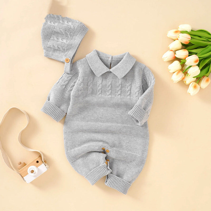 Baby Solid Color Crochet Knit Design Lapel Knit Jumpsuit by MyKids-USA™