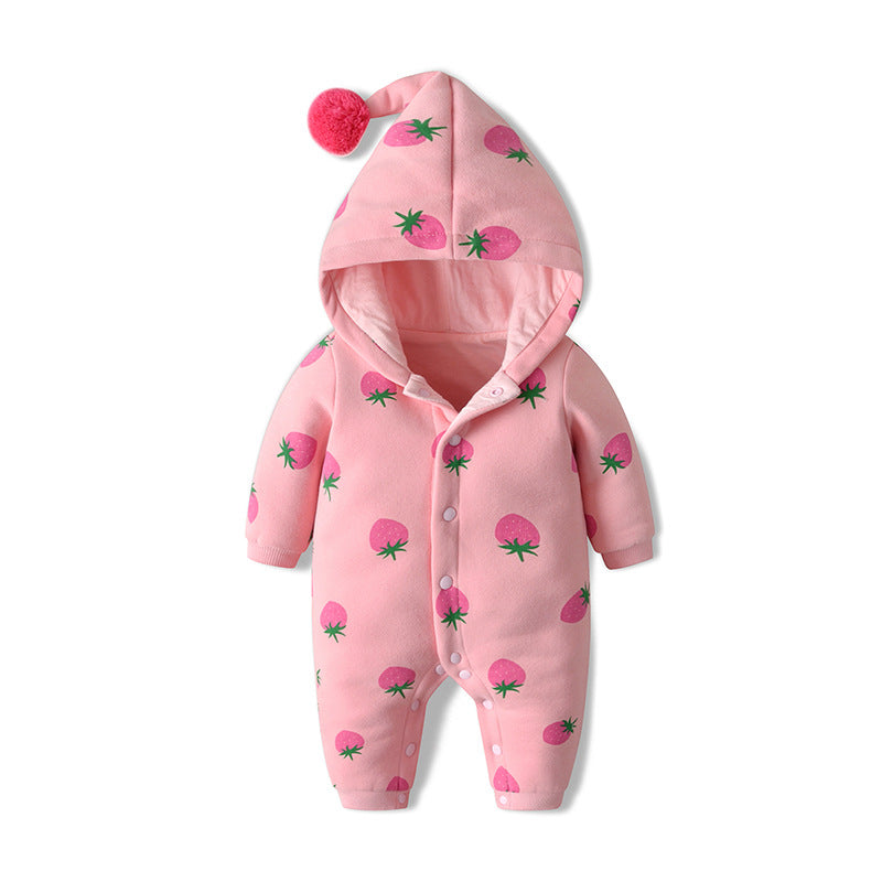 Baby Girl Strawberries Pattern Button Front Double Quilted Romper With Hat by MyKids-USA™