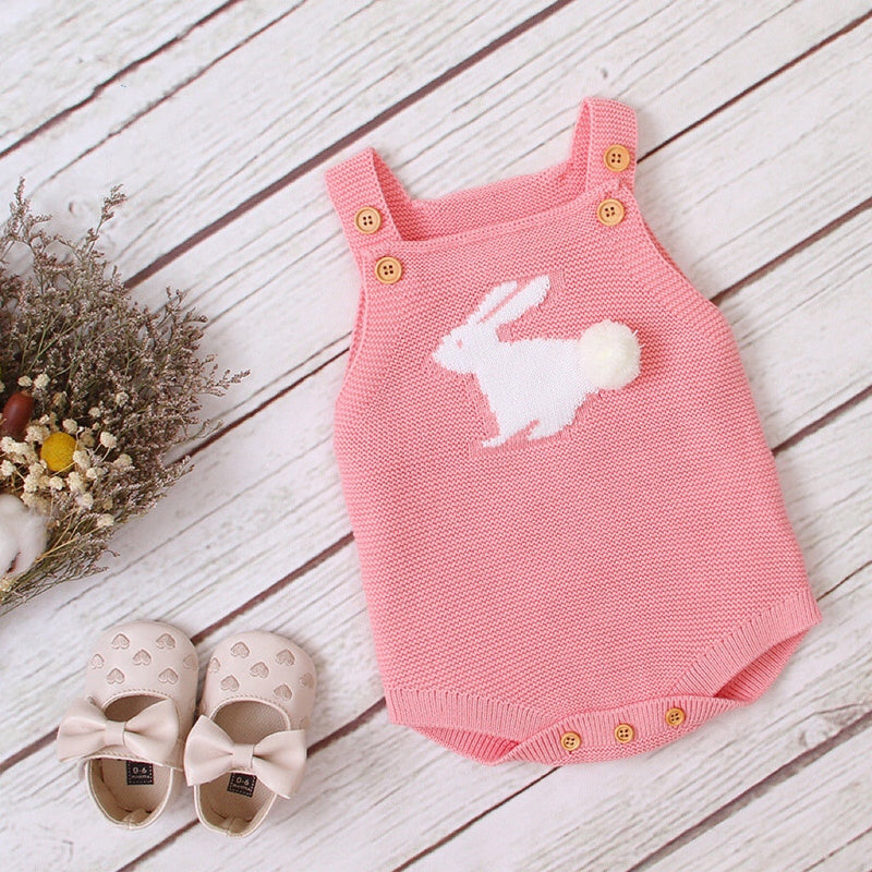 Baby Girl 1pcs 3D Bunny Embroidered Graphic Strap Knitted Onesies Bodysuit by MyKids-USA™