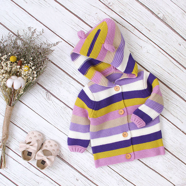 Baby Colorful Striped Pattern Button Front Knitted Cardigan With Hat by MyKids-USA™