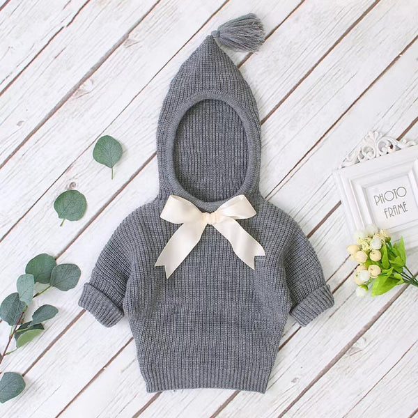 Baby Girl Solid Color Bow Tie Patched Design Simply Style Knitted Hoodies Sweater by MyKids-USA™