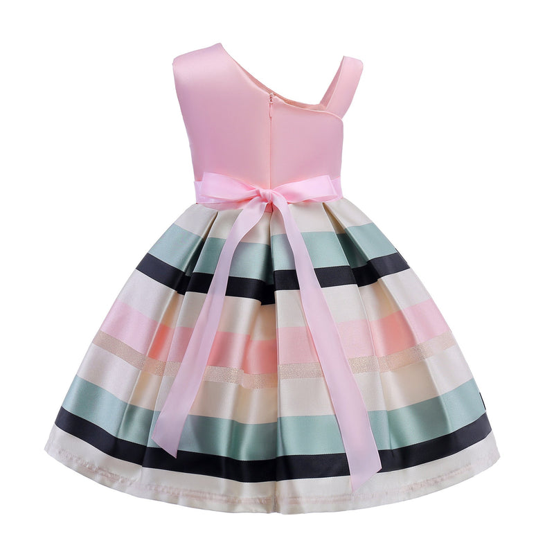 Baby Girl Floral Patched Pattern Striped Tutu Princess Dress One Shoulder Dress by MyKids-USA™