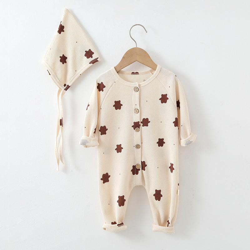 Baby Waffle Knitted Pattern Cute Bear Graphic Single Breasted Design Jumpsuit & Hat by MyKids-USA™