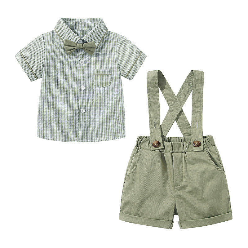 Baby Plaid Print Single Breasted Design Shirt With Bow Tie Combo Strap Rompers Sets by MyKids-USA™