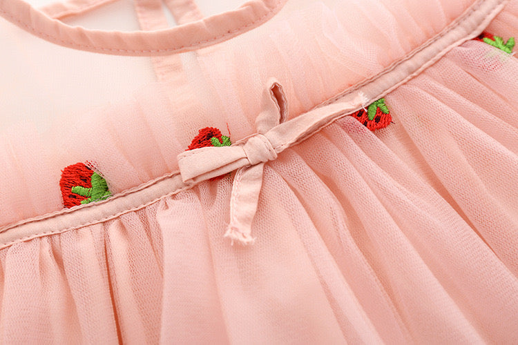 Baby Girl Strawberries Embroidered Mesh Overlay Design Bow Tie Patched Hundred Dress by MyKids-USA™