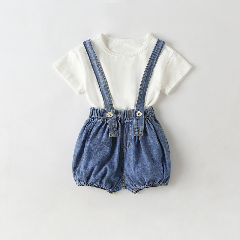 Baby Girl Solid Color Tee Combo Denim Strap Shorts 1-Piece Sets by MyKids-USA™