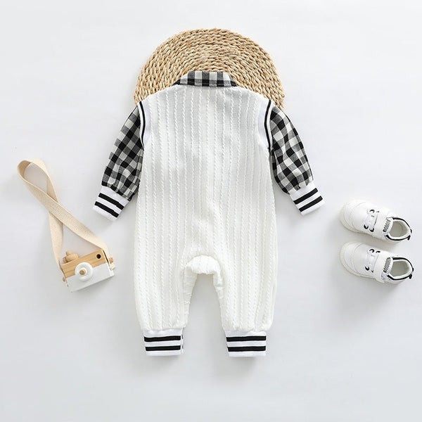 Baby Boy Plaid Patchwork Pattern Bear Embroidered Jumpsuit by MyKids-USA™