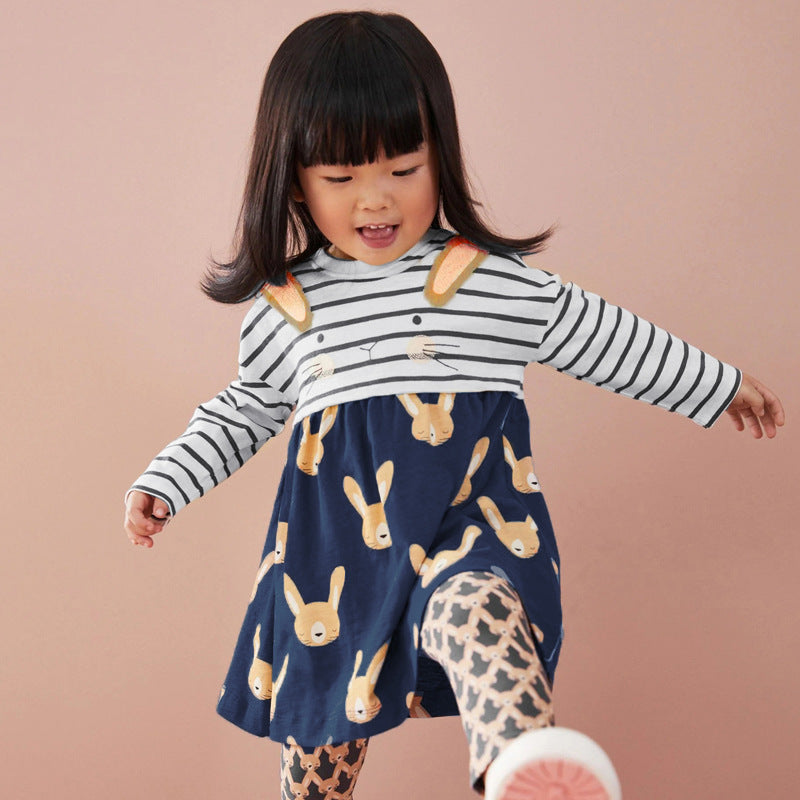 Baby Girl Striped Graphic Bunny Embroidered Design Patchwork Dress by MyKids-USA™