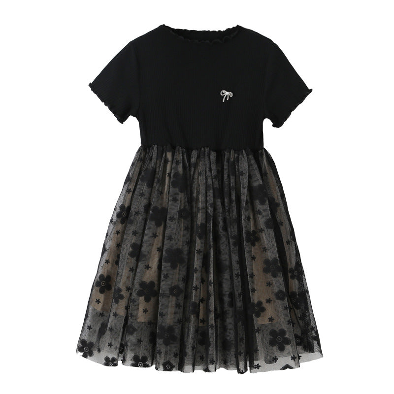Solid Black Short Sleeve Mesh Dress For Children Girl by MyKids-USA™