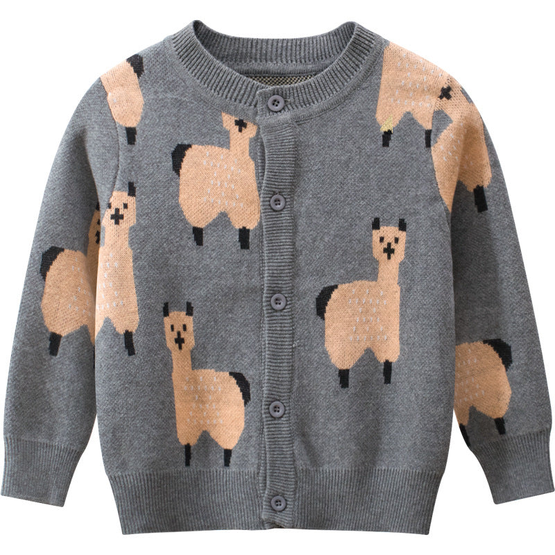 Baby Boy Cartoon Llama Embroidered Pattern Button Front Knitted Cardigan by MyKids-USA™