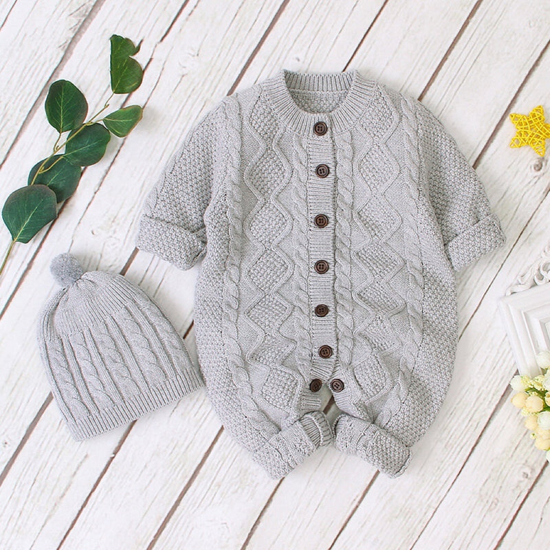 Baby Baby Cable Knitted Pattern Button Front Design Long Sleeve Warm Rompers & Hat by MyKids-USA™