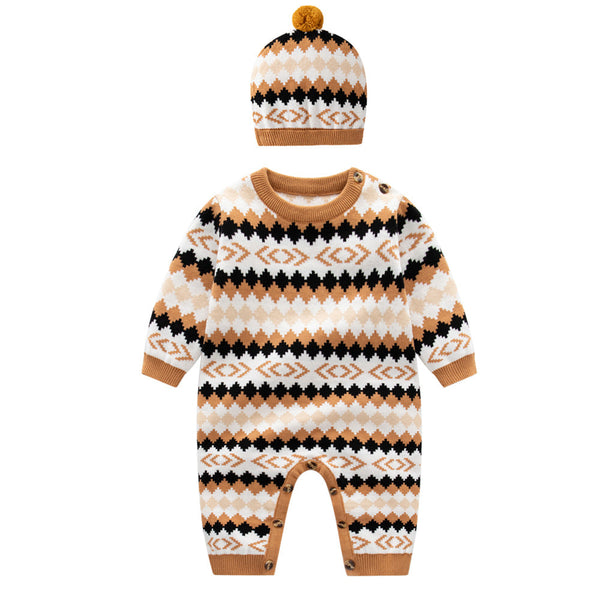 Baby Geometric Embroidered Pattern Long Sleeve Knitted Romper Jumpsuit by MyKids-USA™