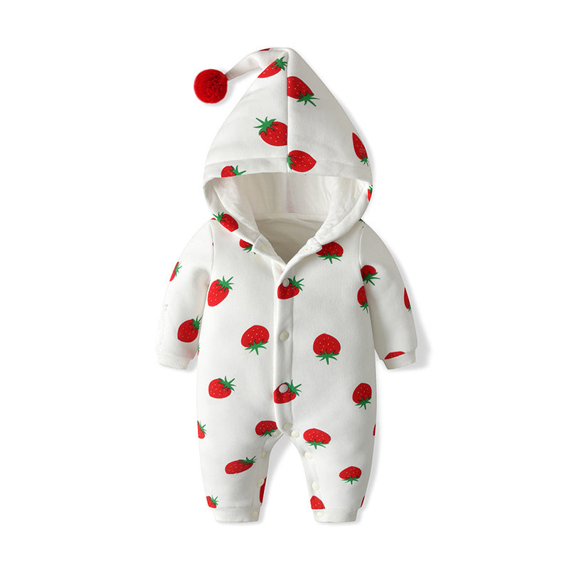 Baby Girl Strawberries Pattern Button Front Double Quilted Romper With Hat by MyKids-USA™