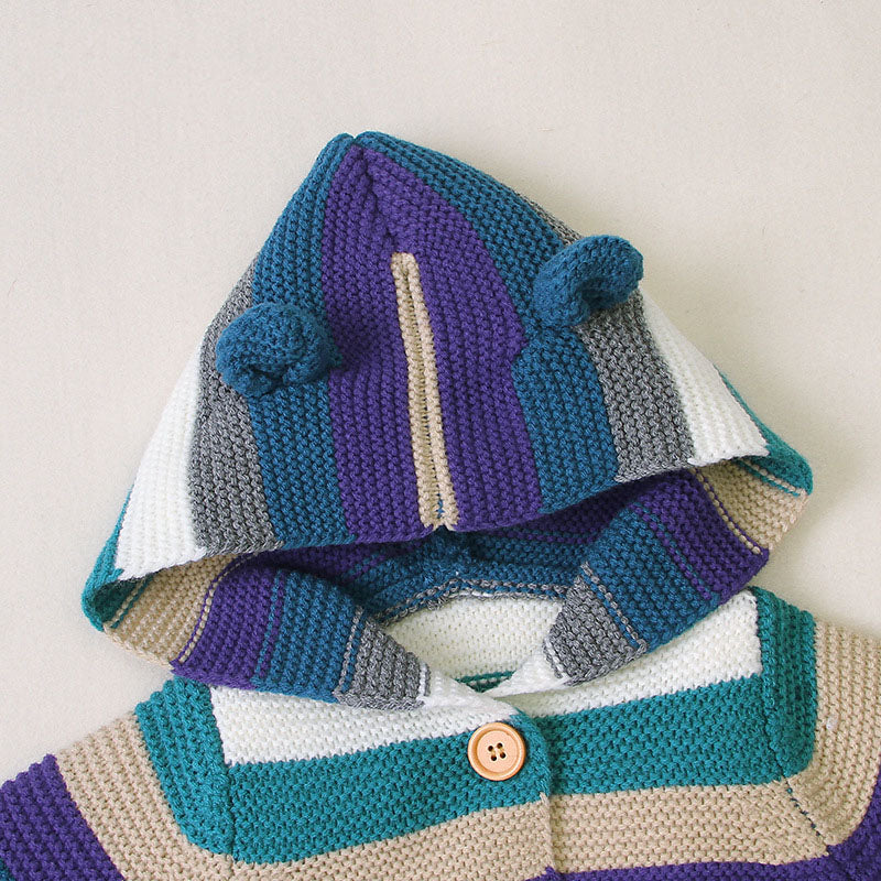 Baby Colorful Striped Pattern Button Front Knitted Cardigan With Hat by MyKids-USA™