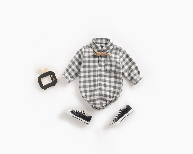 Baby Boy Plaid Pattern Buttoned Shirt With Pockets Long Sleeve Onesies In Autumn by MyKids-USA™