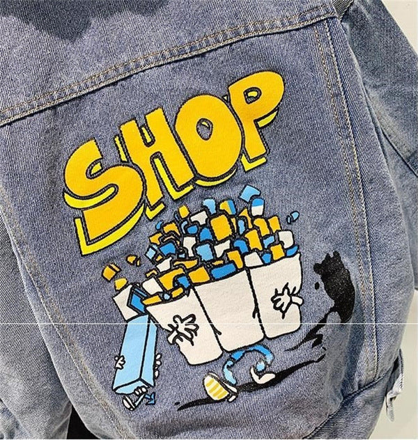 Baby Cartoon & Slogan Pattern Lapel Design Berber Fleece Denim Coat by MyKids-USA™