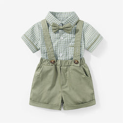 Baby Plaid Print Single Breasted Design Shirt With Bow Tie Combo Strap Rompers Sets by MyKids-USA™