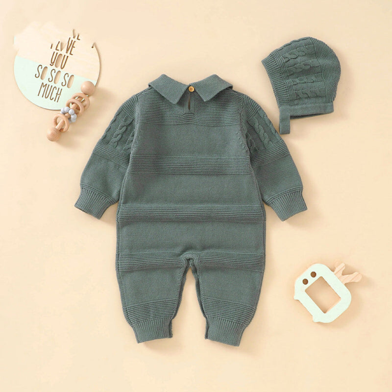 Baby Solid Color Crochet Knit Design Lapel Knit Jumpsuit by MyKids-USA™