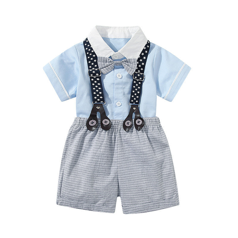Baby Boy Solid Color Single Breasted Design Onesies With Bow Tie Combo Striped Overalls Shorts Sets by MyKids-USA™