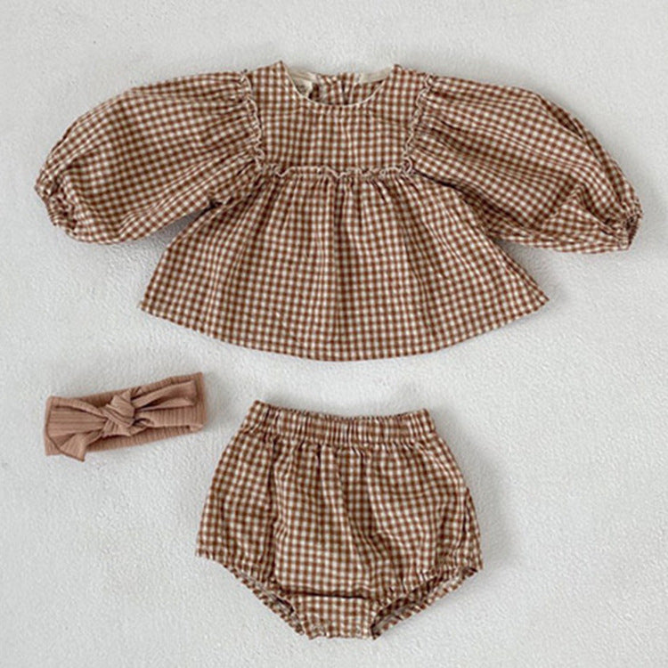 Baby Girl Plaid Pattern Loose Blouses WIth Shorts Headband 3 Pieces Sets by MyKids-USA™