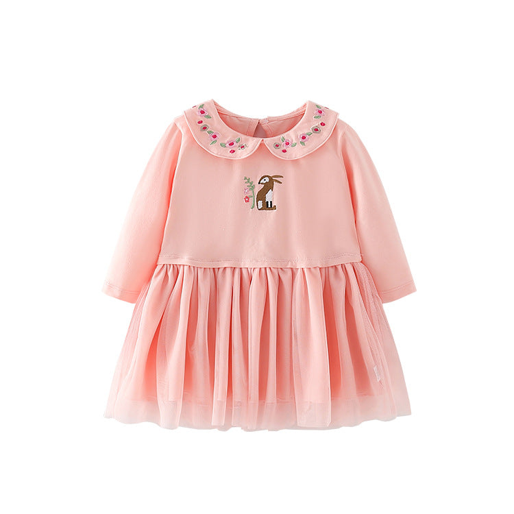 Baby Girl Cartoon & Floral Embroidery Pattern Mesh Overlay Design Solid Dress by MyKids-USA™
