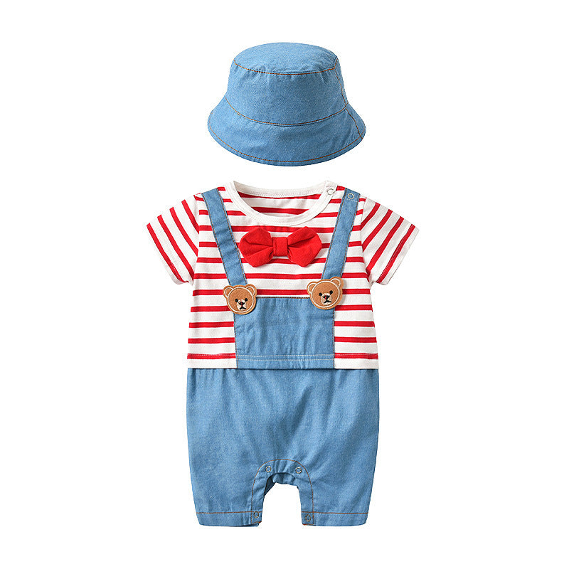 Baby Striped Graphic Cartoon Bear Patched Bow Tie False 1-Pieces Strap Jumpsuit by MyKids-USA™