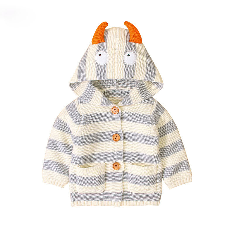 Baby Striped Pattern Button Front Knitted Cardigan With Cartton Hat by MyKids-USA™