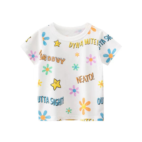 Baby Girls Print Pattern Round Neck Short Sleeved Tops In Summer Outfit Wearing by MyKids-USA™