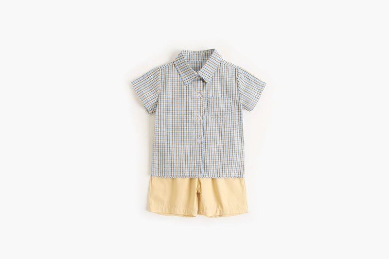 Baby Boy Plaid Pattern Single Breasted Design Polo-Neck Shirt Combo Shorts by MyKids-USA™
